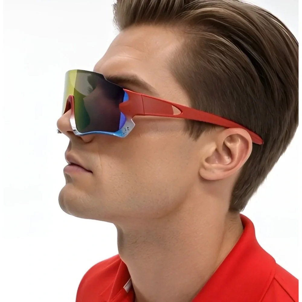 Mens Red Blue Splatter Shield Sunglasses Mirrored Gold Lens‎ Sporty Wrap Shades